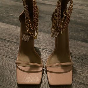 Cream color heels with gold chain strap